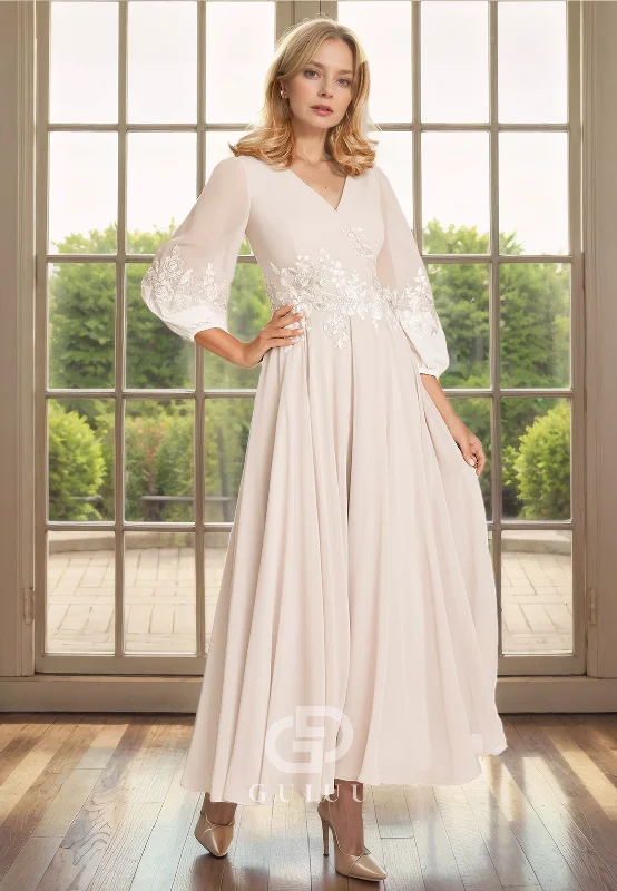 Deep Discounts A-Line V Neck 34 Length Sleeves Appliques Tea Length Chiffo Mother of Bride Dress