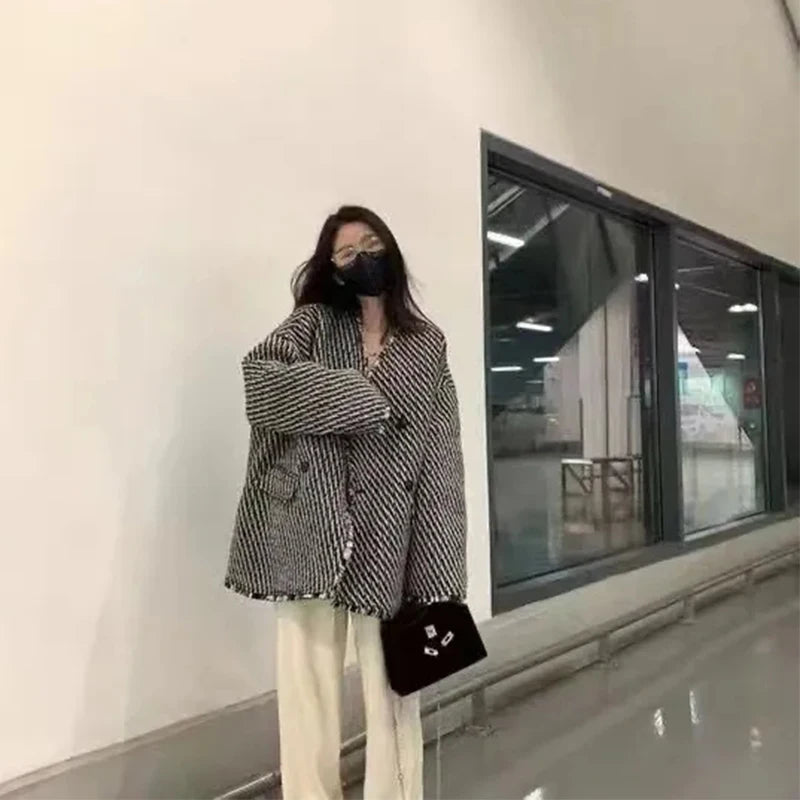 Inventory Reduction Znbbw Striped Tweed Jacket Women Korean Elegant Oversized Casual Coat Winter Streetwear Harajuku Loose All Match Outwear Tops Inventory Reduction Znbbw Striped Tweed Jacket Women Korean Elegant Oversized Casual Coat Winter Streetwear Harajuku Loose All Match Outwear Tops
