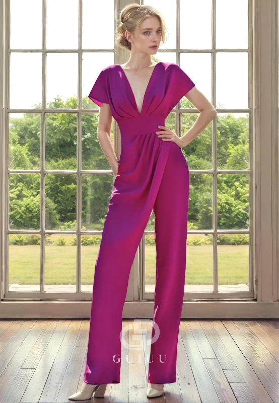 Deal Zone Jumpsuit V Neck Short Sleeves Pleated Back Zipper Buttons Mother of Bride Dress Deal Zone Jumpsuit V Neck Short Sleeves Pleated Back Zipper Buttons Mother of Bride Dress