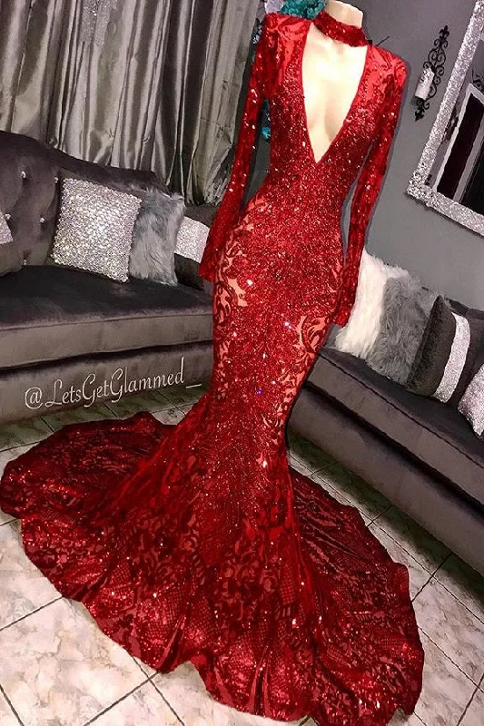 New Arrival Mermaid Deep V-neck Round Collar Long Sleeve Floor Length Crochet Flower Embroidery Prom Dress New Arrival Mermaid Deep V-neck Round Collar Long Sleeve Floor Length Crochet Flower Embroidery Prom Dress