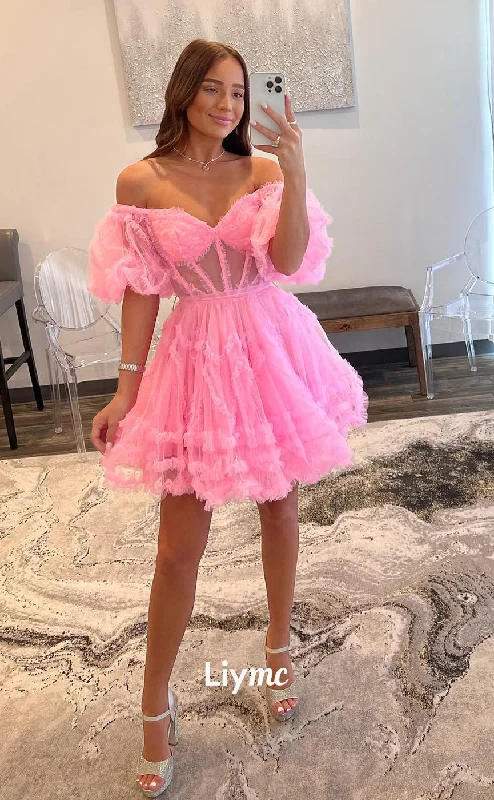 Daily Specials LY026 - A line Off Shoulder Short Sleeves Tulle Ruffles Pink Cute Homecoming Dress