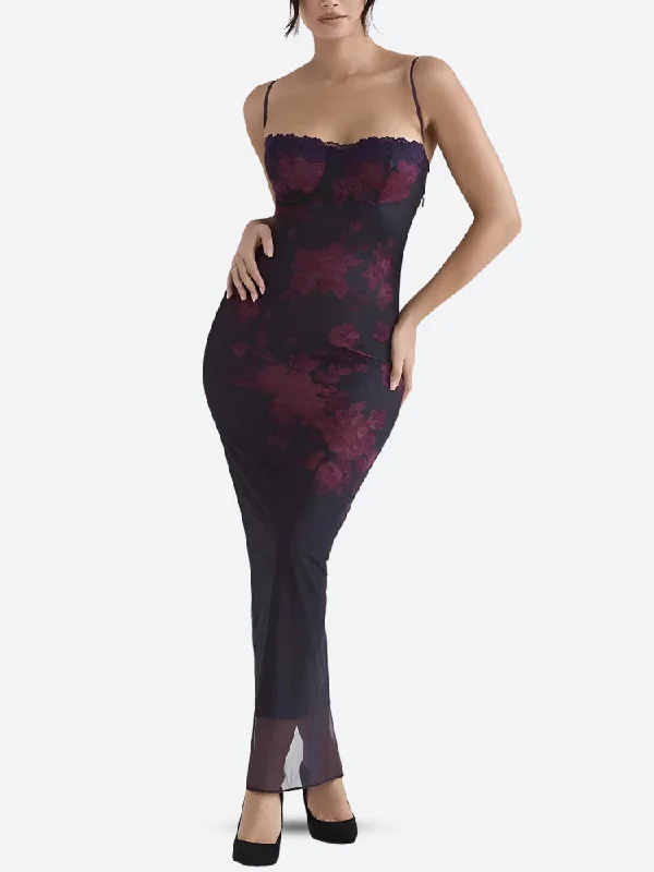 Discount Days Floral Bodycon Lace Up Mesh Maxi Dress