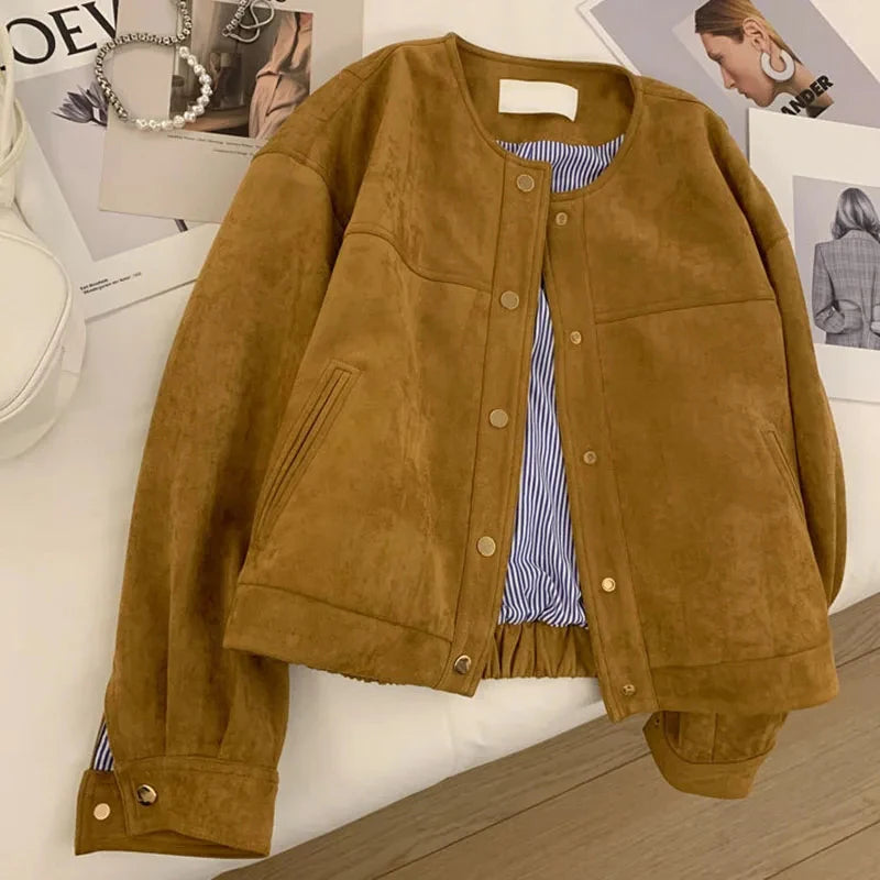 Deal Mania Znbbw Suede Cropped Jacket Women Harajuku Casual Bomber Coat Streetwear Korean Camel Single Breasted Loose Outerwear Tops New Deal Mania Znbbw Suede Cropped Jacket Women Harajuku Casual Bomber Coat Streetwear Korean Camel Single Breasted Loose Outerwear Tops New