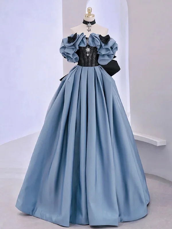 Super Sale Unique Blue Prom Dress Off Shoulder Satin Lace Long Evening Dresses