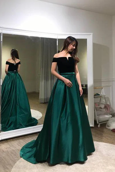 Buy Now A Line Dark Green Off-the-Shoulder Sweep Train Evening Dress N435