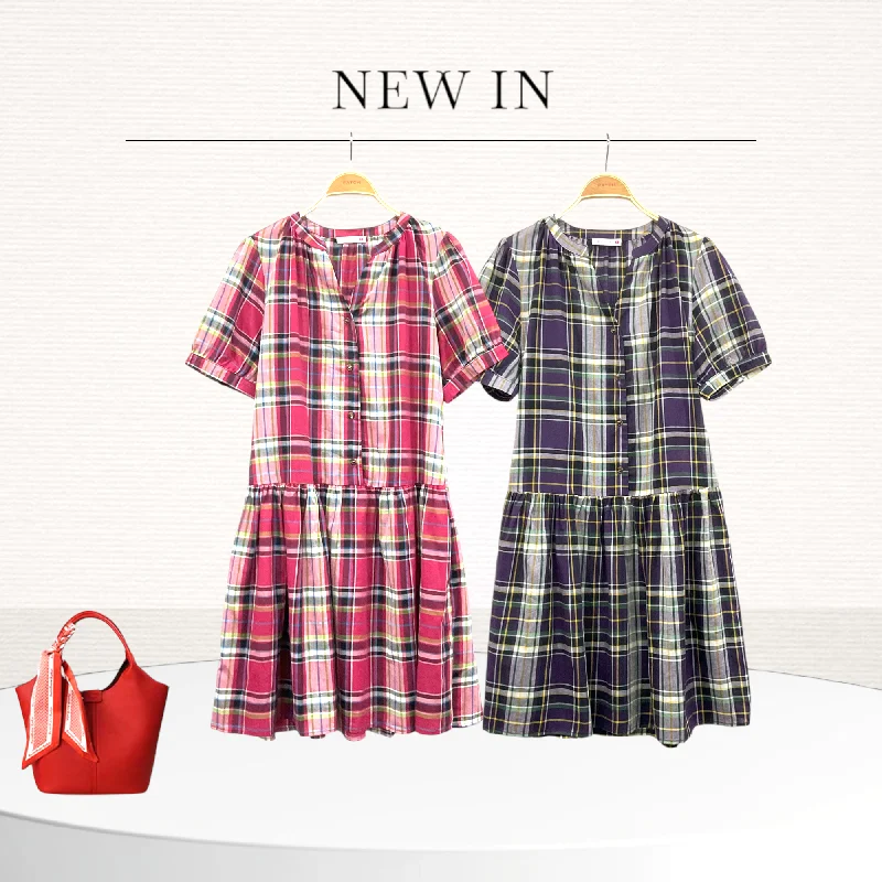 Clearance Event Patch Casual Cotton Checked Dress