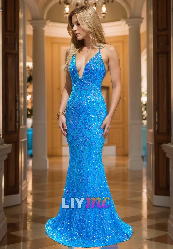 Act Fast Low V-Neck Spaghetti Straps Appliques Mermaid Prom Dress