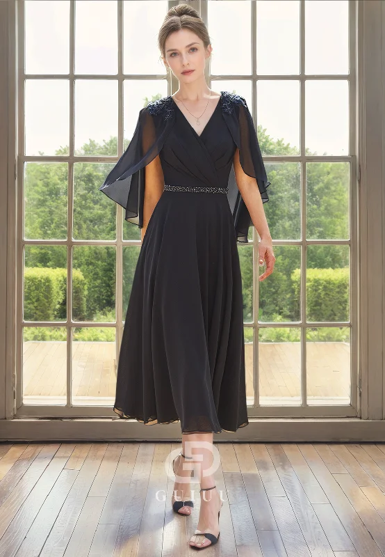 Don't Miss A-Line V Neck Sleeveless Pleated Beaded Tea Length Mother of Bride Dress Don't Miss A-Line V Neck Sleeveless Pleated Beaded Tea Length Mother of Bride Dress