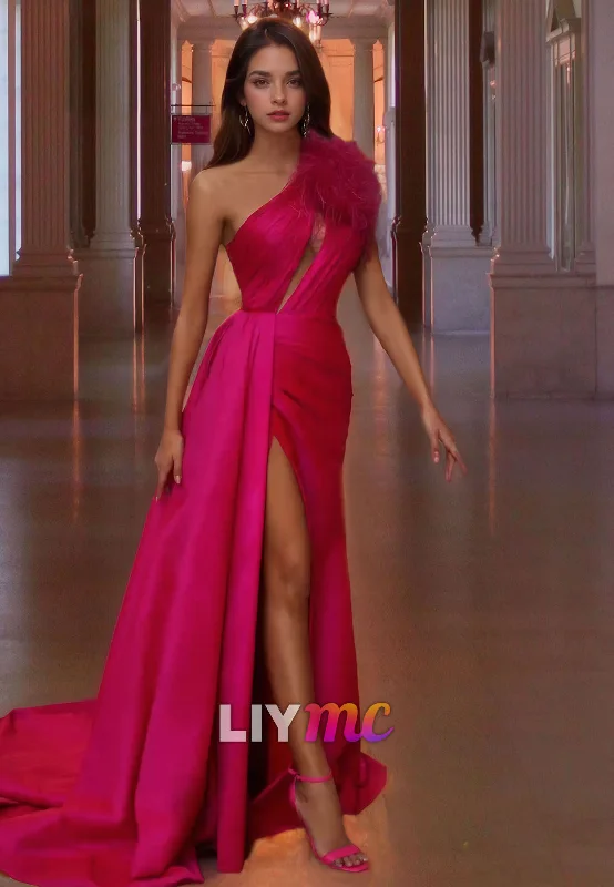 Price Break One Shoulder Sleeveless Illusion Ruched Side Slit Prom Dress