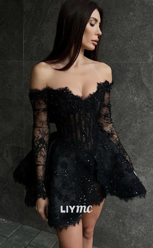 Limited Availability LY046 - Off-Shoulder Lace Appliques Long Sleeves A-Line Short Homecoming Dress