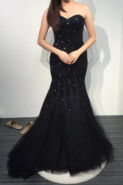 Special Price Black Strapless Sweetheart Sparkly Mermaid Tulle Prom Dresses with Sweep Train N401
