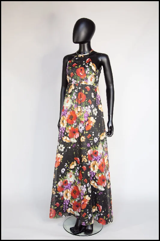 Shop and Save Vintage 1970s Rose Floral Chiffon Maxi Dress
