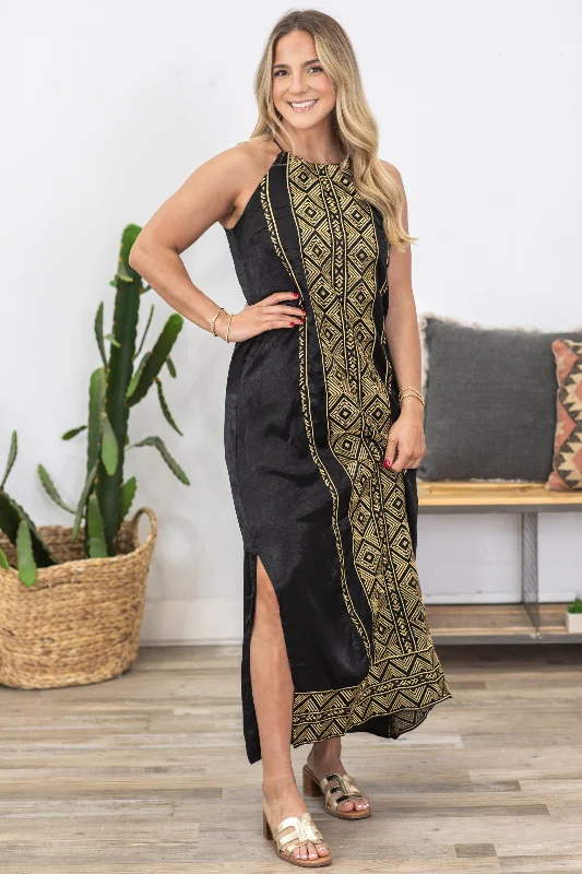 Daily Deals Black And Gold Embroidery Detail Maxi Dress