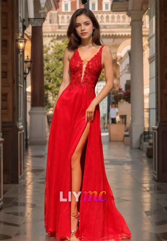 Deal Mania V-Neck Straps Sleeveless Appliques A-Line Prom Dress