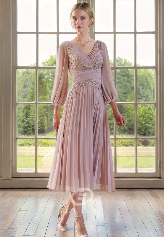 Unmissable Offer A-Line V Neck 34 Length Sleeves Pleated Appliques Tea Length Mother of Bride Dress Unmissable Offer A-Line V Neck 34 Length Sleeves Pleated Appliques Tea Length Mother of Bride Dress