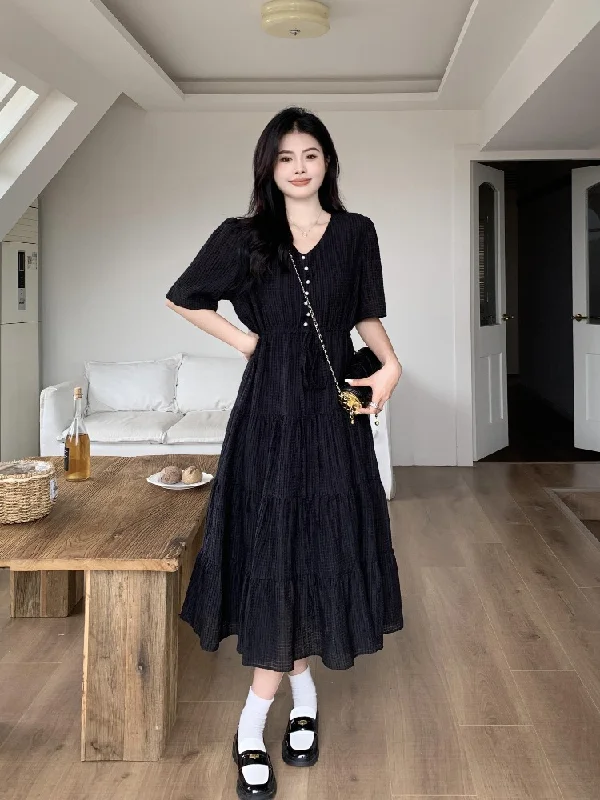 Limited Stock Plus Size Buttons V Neck Tier Short Sleeve Dress