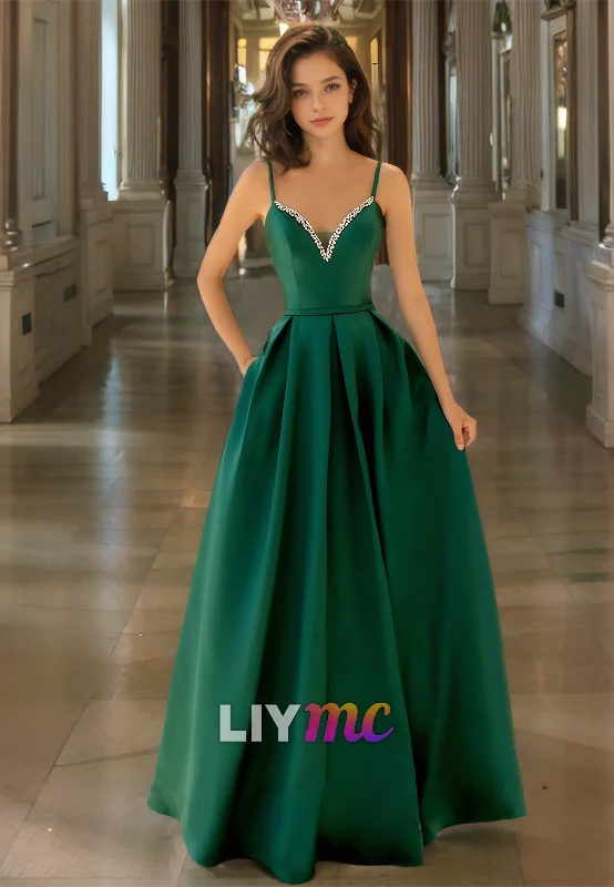 Seasonal Clearance V-Neck Spaghetti Straps Beaded Pleated Satin A-Line Prom Dress