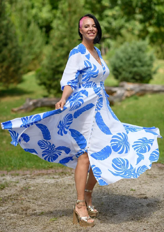 Epic Deals Isabella White Blue Leaves Dress