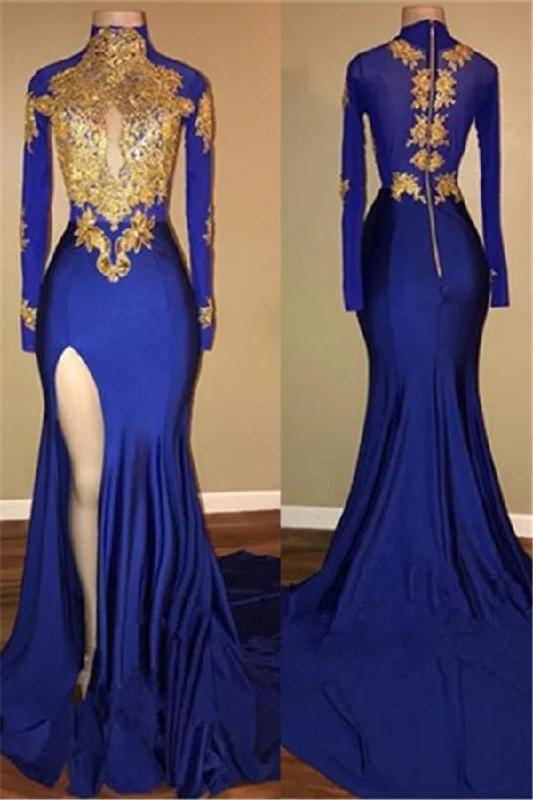 New Deals Elegant Royal Blue Prom Party GownsMermaid Long Sleeves With Appliques