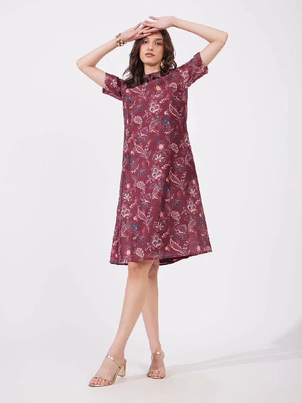 Online Only Chanderi Floral Dress - Maroon