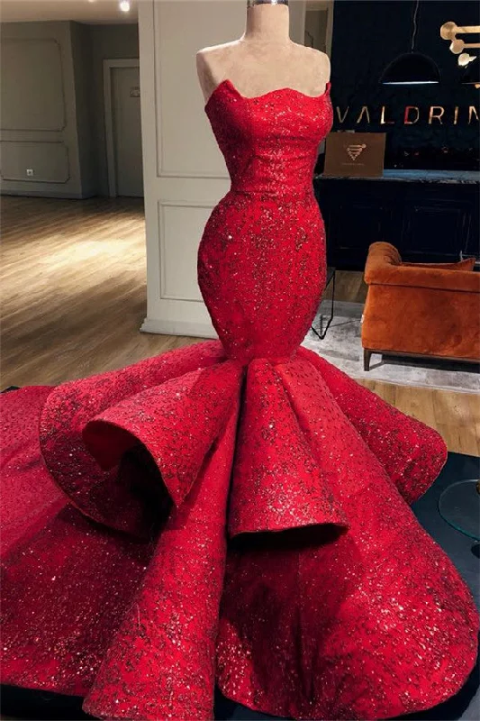 Markdowns Sexy Red Strapless Mermaid Prom Dress Sequins Long