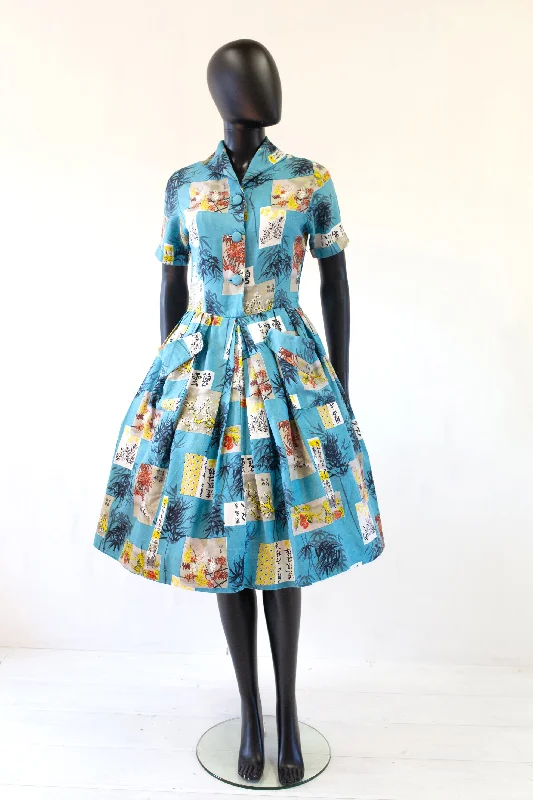 Value Deals Vintage 1950s 'Blue Bamboo' Print Shirt Dress