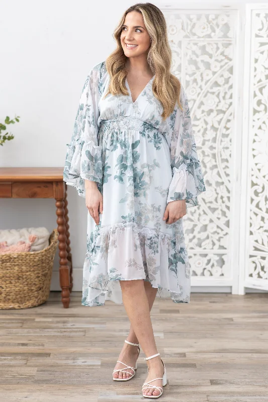 Don't Wait Dusty Teal Floral Print Long Sleeve Midi Dress