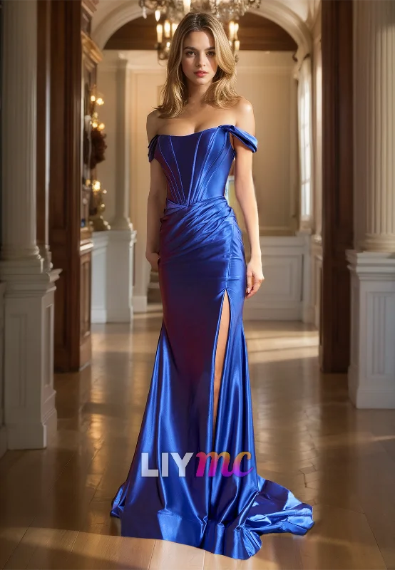 Weekend Special Off-Shoulder Sleeveless Ruched High Slit Sleek Sheath Prom Dress