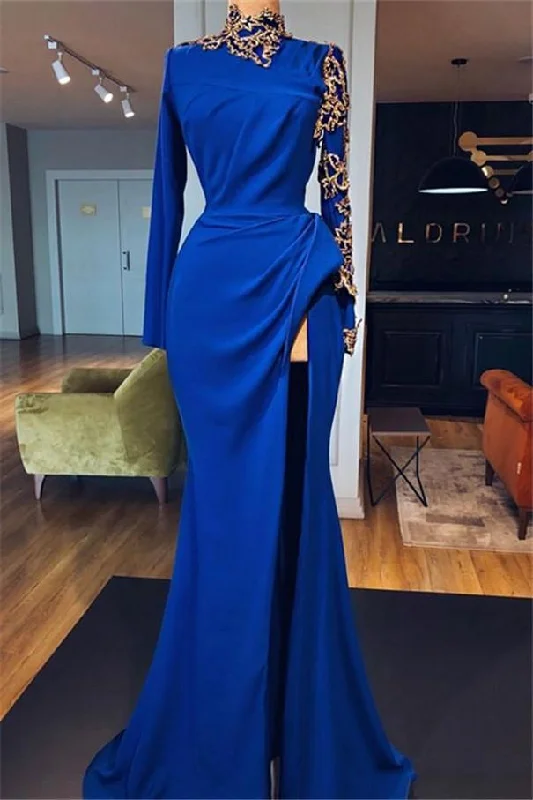 Super Sale Royal Blue High Neck Side Slit Mermaid Prom Dresses Elegant Long Sleevess Appliques Evening Gowns Super Sale Royal Blue High Neck Side Slit Mermaid Prom Dresses Elegant Long Sleevess Appliques Evening Gowns