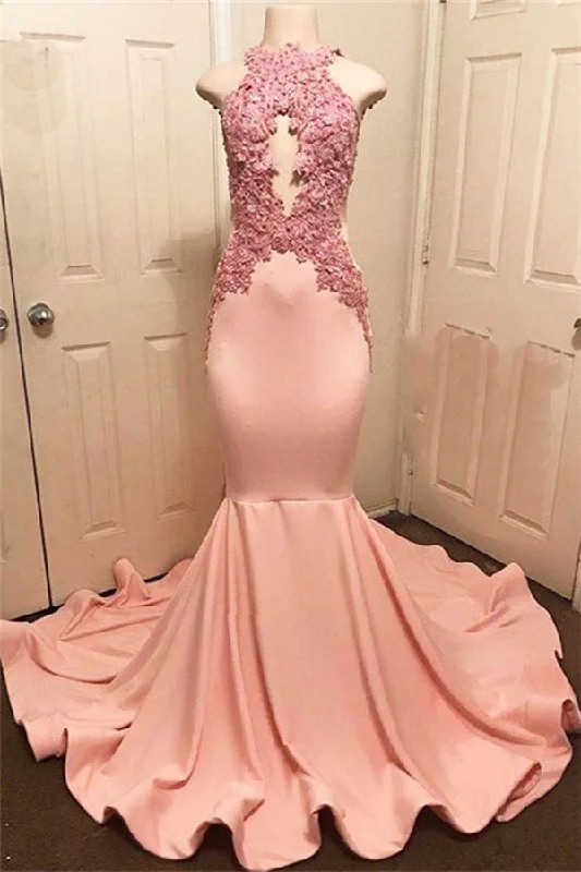 Daily Deals Halter Pink Lace Prom Party Gowns| Mermaid Formal Dresses