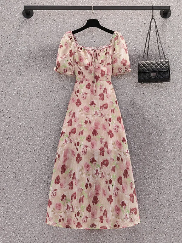 Extra Savings Plus Size Korean Romantic Floral Square Neck Midi Dress
