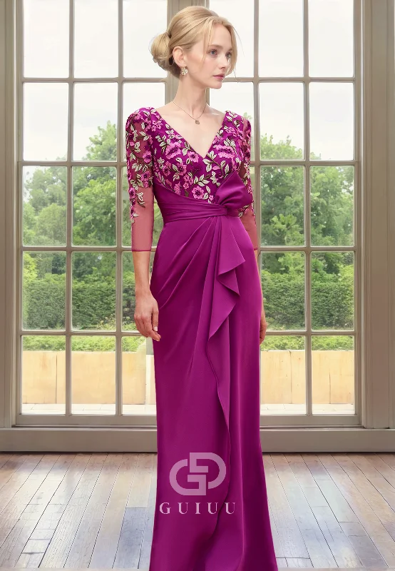 Act Now Sheath V Neck 34 Length Sleeves Lace Appliques Pleated Ruffles Back Zipper Mother of Bride Dress