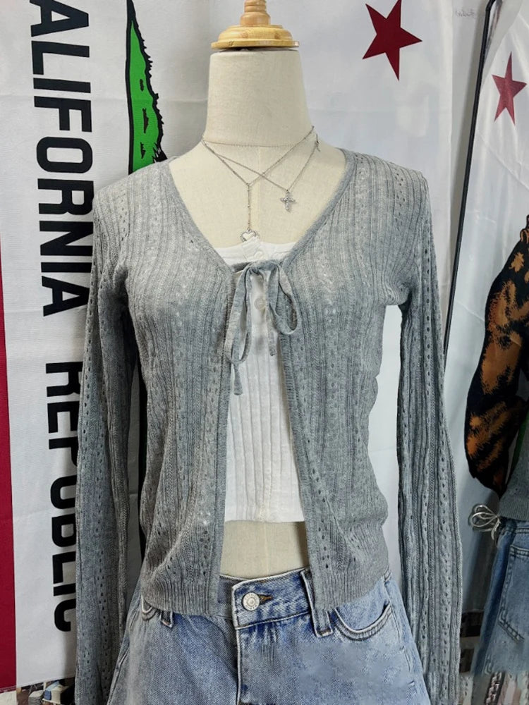 Lowest Price Znbbw Hollow Out Knitted Long Sleeve T Shirt Women Summer Sexy V Neck Lace-up Cardigan Coats Harajuku Sweet Slim Tees Top Y2k Lowest Price Znbbw Hollow Out Knitted Long Sleeve T Shirt Women Summer Sexy V Neck Lace-up Cardigan Coats Harajuku Sweet Slim Tees Top Y2k