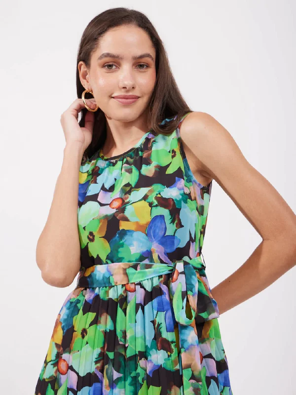 Inventory Reduction A-line Pleated Dress - Green And Black