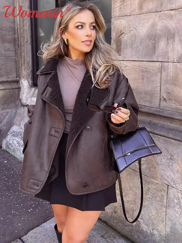 Amazing Deals Znbbw Faux Leather Lambswool Jacket Women Autumn Winter 2024 Lapel Vintage Single Breasted Coats Female Pocket Warm Streetwear Amazing Deals Znbbw Faux Leather Lambswool Jacket Women Autumn Winter 2024 Lapel Vintage Single Breasted Coats Female Pocket Warm Streetwear