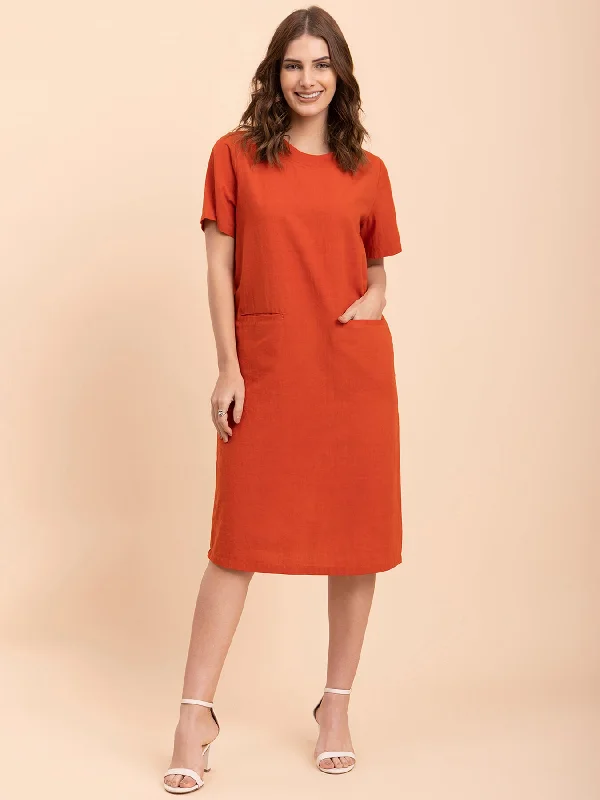 Fantastic Offers Cotton Round Neck Shift Dress - Burnt Orange