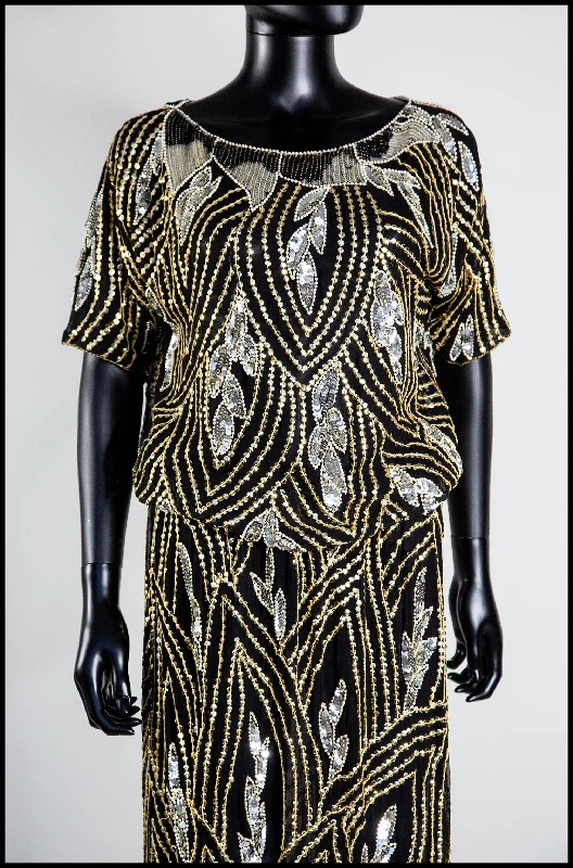 Great Bargains Vintage 1980s Gold Black Beaded Two Piece Dress