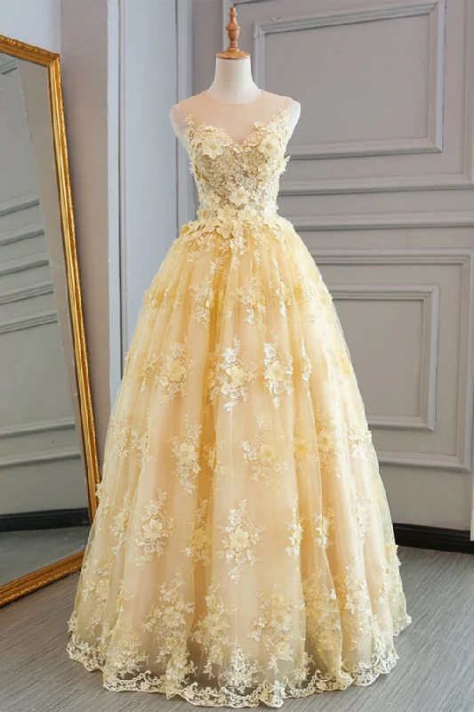 Closeout Yellow Sheer Neck Tulle Lace Appliqued Floor Length Prom Dresses N681