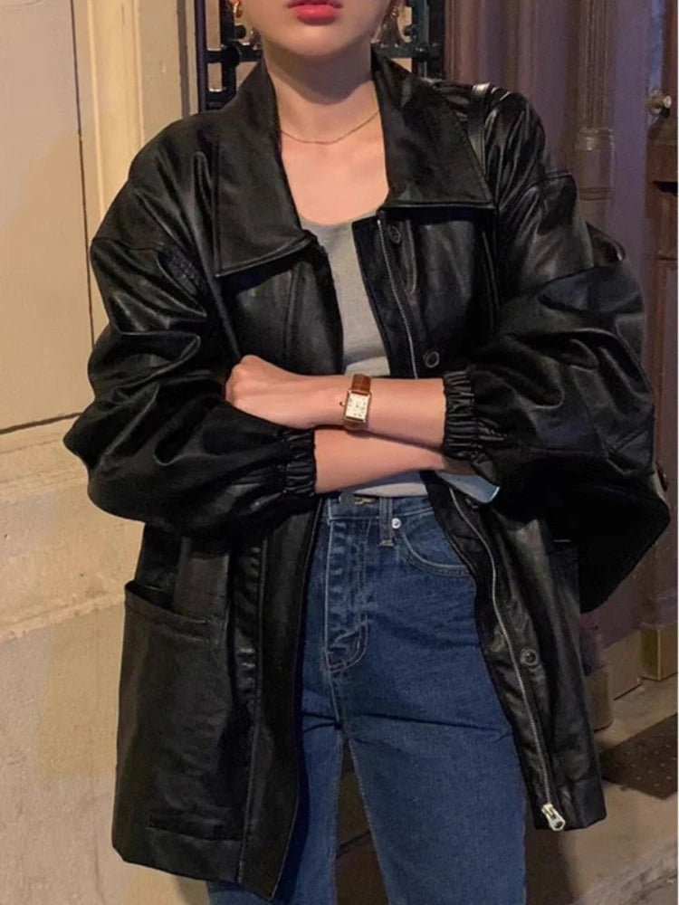 Massive Deals Znbbw Fashion Jackets Solid Color Zipper Turn Down Collar Coats Pockets PU Leather Casual All Match Vintage Women Clothing 2024 Massive Deals Znbbw Fashion Jackets Solid Color Zipper Turn Down Collar Coats Pockets PU Leather Casual All Match Vintage Women Clothing 2024