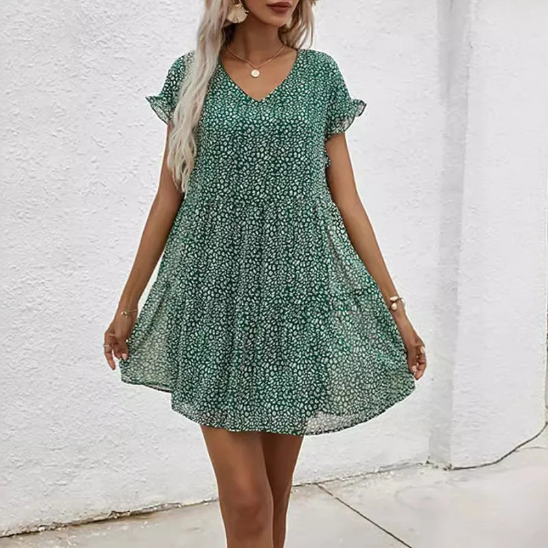 Fantastic Offers Elegant Leopard Print Floral Prints Summer Women 2024 New Loose V-Neck Ruffled Short Sleeved Mini Dress Fantastic Offers Elegant Leopard Print Floral Prints Summer Women 2024 New Loose V-Neck Ruffled Short Sleeved Mini Dress