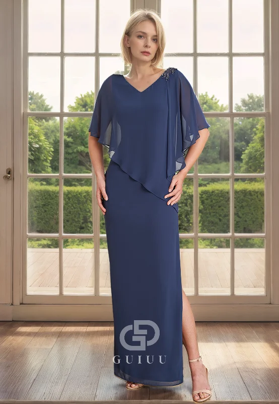 Price Rollback Column V Neck Half Sleeves Ruffles Beaded Back Zipper Chiffon Mother of Bride Dress with Slit Price Rollback Column V Neck Half Sleeves Ruffles Beaded Back Zipper Chiffon Mother of Bride Dress with Slit