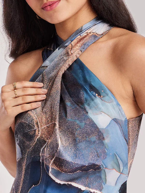 Savings Spectacular Satin Marble Print Dress - Blue