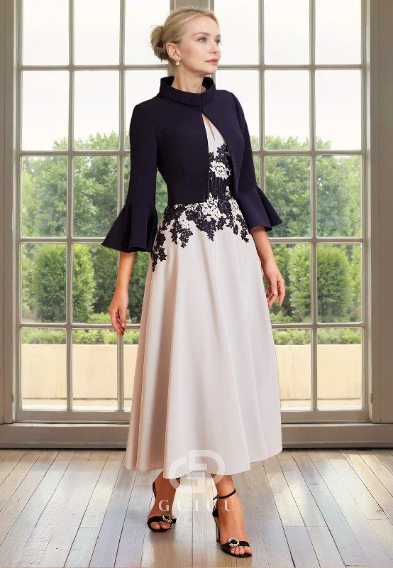 Mega Sale A-Line Two Piece Scoop Neck Cap Sleeves Lace Appliques Tea Length Mother of Bride Dress Mega Sale A-Line Two Piece Scoop Neck Cap Sleeves Lace Appliques Tea Length Mother of Bride Dress