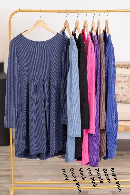 Price Blitz Solid Ribbed Long Sleeve Dress With Pockets