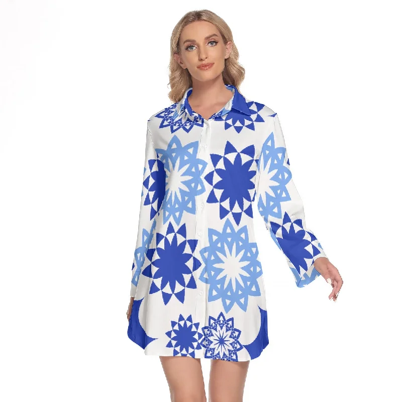 Can't Miss Blue Flowers Women's Long Sleeve Shirt Dress