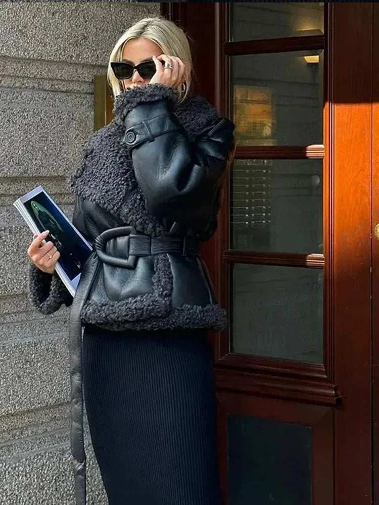 Can't Miss Znbbw Fur Leather Jacket Women Waist Belt Fashion Solid Plush Patchwork Long Sleeve Thicken Coat 2024 Winter Black Lady Outwear Can't Miss Znbbw Fur Leather Jacket Women Waist Belt Fashion Solid Plush Patchwork Long Sleeve Thicken Coat 2024 Winter Black Lady Outwear