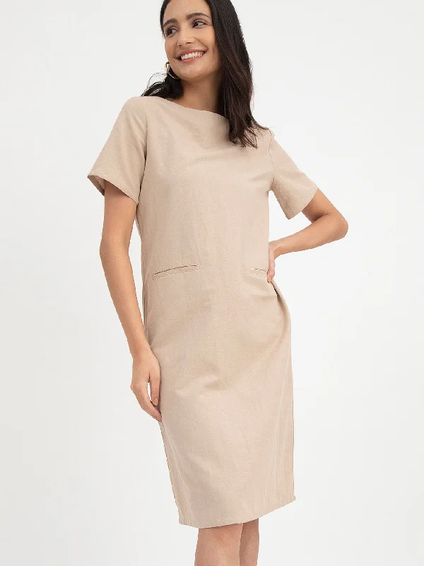 Deep Discounts Linen Boat Neck Dress - Beige