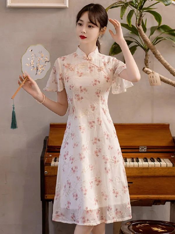 Deal of the Day Plus Size Pink Floral Embroidered Cheongsam Dress