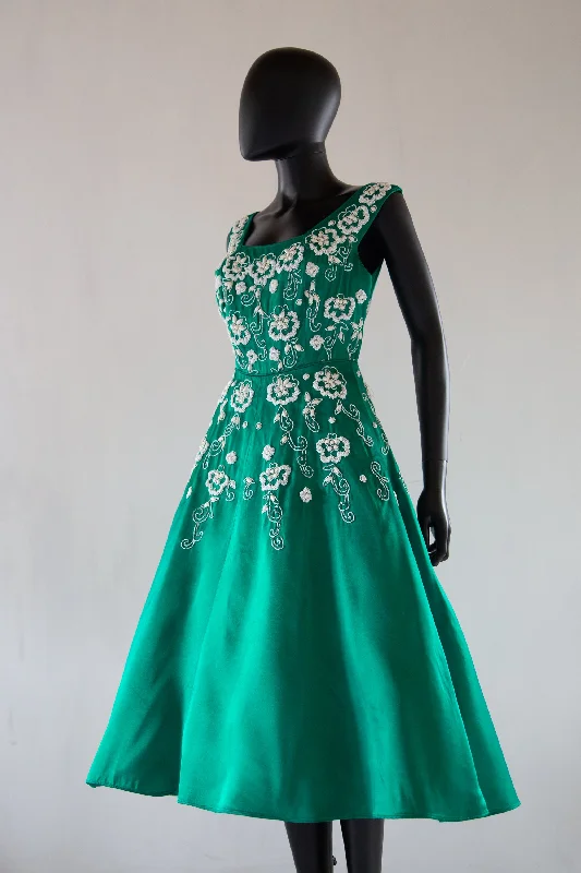 Low Prices Vintage 1950s Green Beaded Cocktail Dress