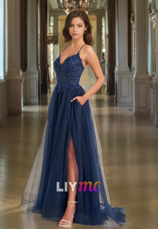 Friends and Family Sale V-Neck Spaghetti Straps Appliques Pleated Tulle A-Line Prom Dress Friends and Family Sale V-Neck Spaghetti Straps Appliques Pleated Tulle A-Line Prom Dress